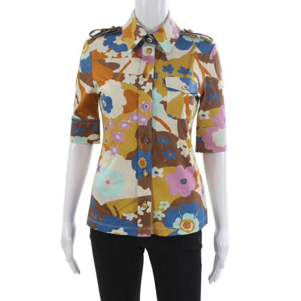 Sportmax Women Blue Floral Collared Jersey Button Up Blouse 3/4 Sleeve Size XS